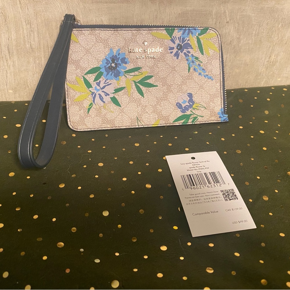 NWT Kate Spade Floral Small Wristlet Wallet  - Blue, Green, and Cream